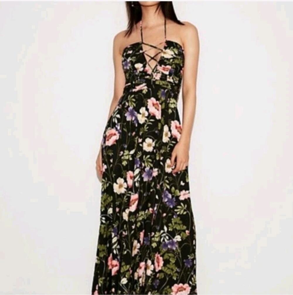 Express Floral Maxi Dress 10 Corset Strapless Halter Garden Party Boho Black NEW